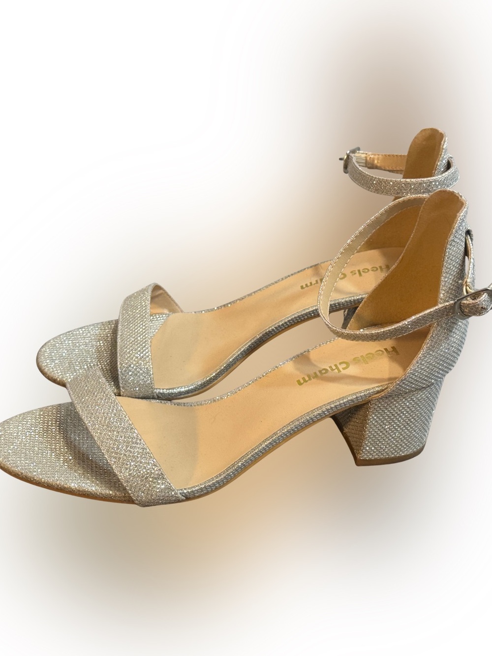 Glitter Ankle-Strap Block Heel Sandals - Silver